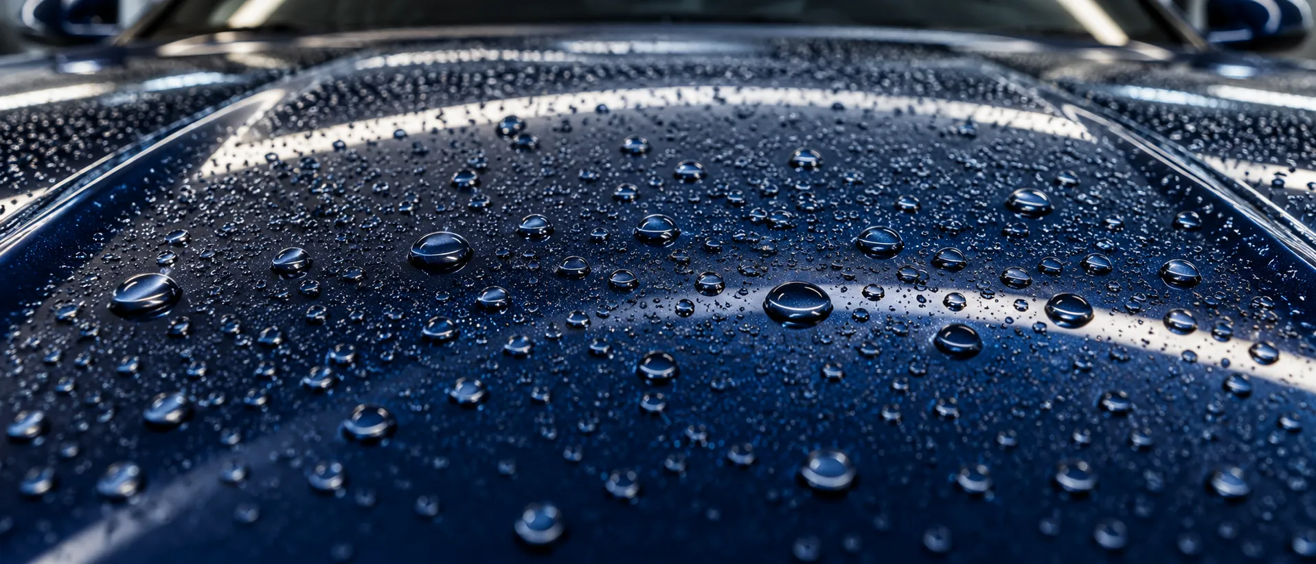 Gotas de agua sobre el cofre azul de un auto