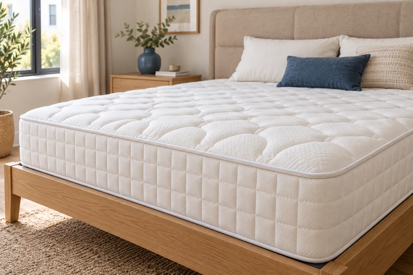Colchón blanco acolchado sobre una base de madera