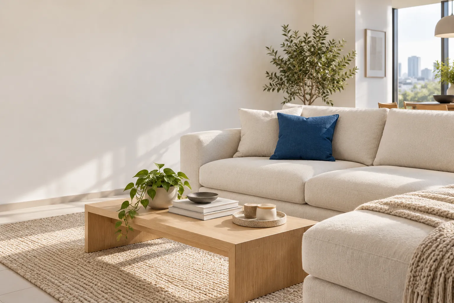 Sala luminosa con sofá de tela clara, cojín azul y mesa de centro de madera