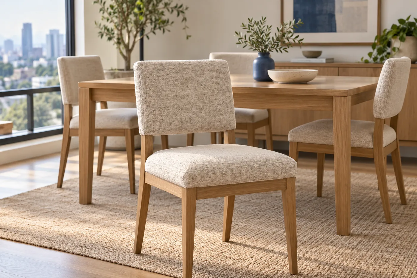 Sillas de comedor tapizadas en tela clara alrededor de una mesa de madera