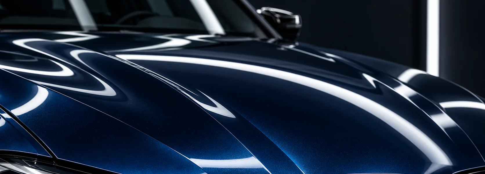 Reflejos de luz sobre el cofre azul de un auto